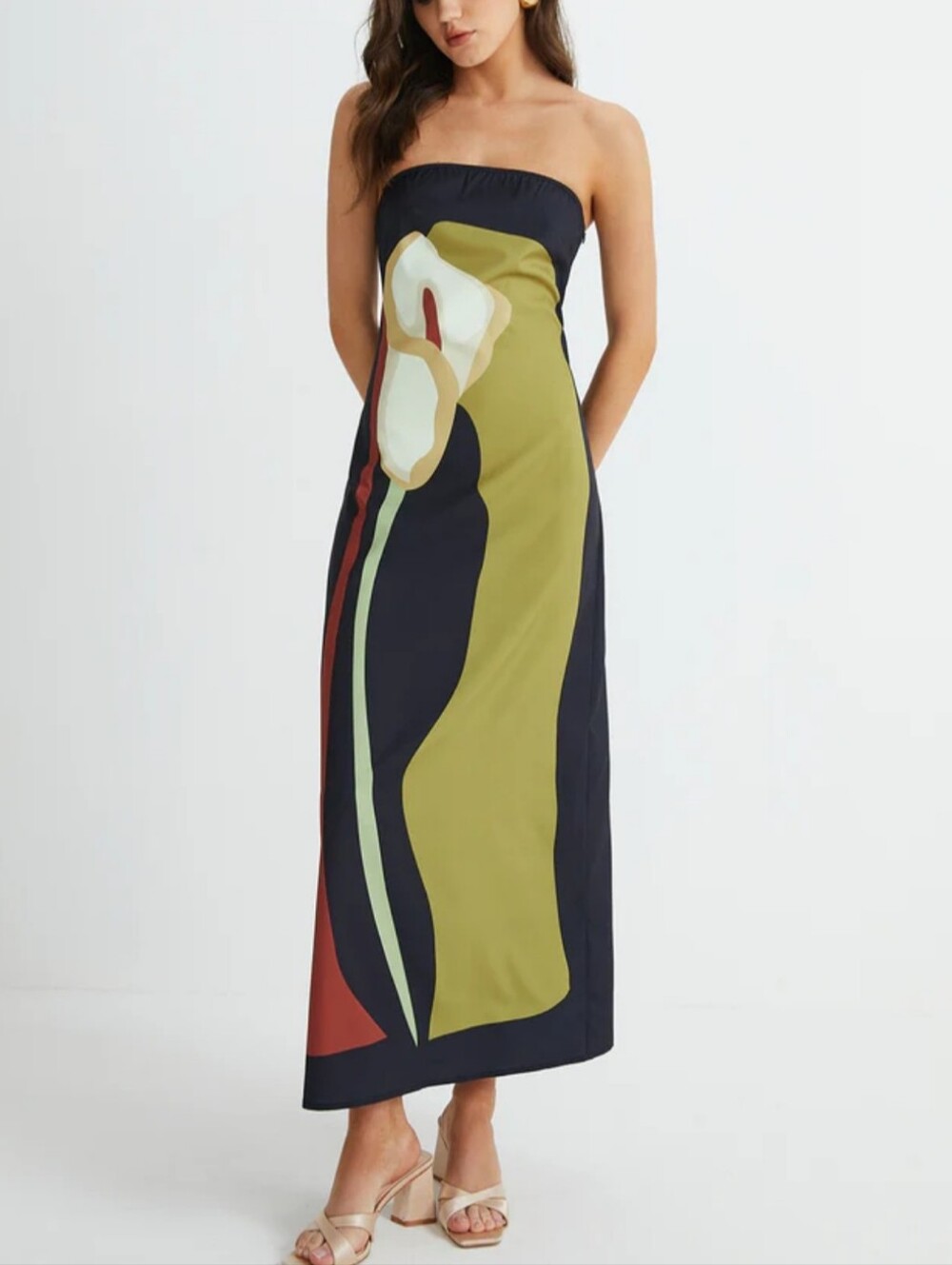 Commense Strapless Floral Maxi Dress in Olive, Black & Cream size XL NWTS